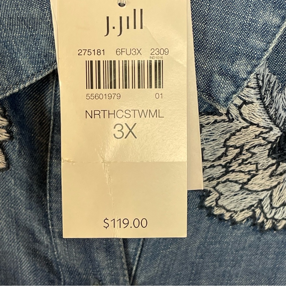 Blue Floral Embroidered Button-Up Shirt, 3X - Picture 7 of 15